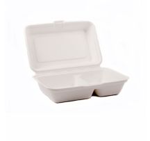 Bagasse 2 compartment Compostable Lunch Box 9x6 Inch White